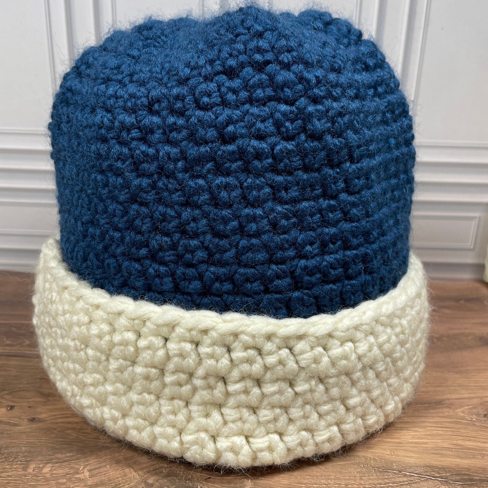 Handmade Crochet Beanie Hat Navy Blue Cream Fold Over Brim Warm Winter